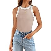 ZESICA Womens Summer Sleeveless Tank Tops Ribbed High Neck Racerback Slim Fitted Color Block Casual Shirts