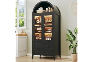 HUAHUU 71" Tall Arched Kitchen Pantry, Arched Cabinet with LED Lights, Kitchen Storage Cabinets with 2 Large Drawers & Adjustable Shelves & Glass Door for Living Room, Dining Room, Black