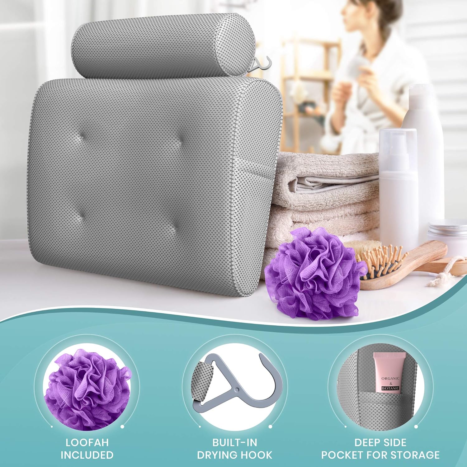 Everlasting Comfort Bathtub Bath Pillow - Spa Pillow with Back and Headrest Cushion - Hot Tub Pillow - Neck and Head Rest Support for Bath or Shower - Bath Stuff Accessories : Beauty
