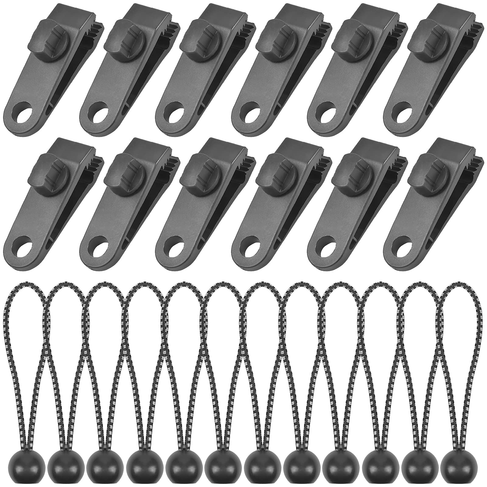 12 Pcs Tarp Clips, Heavy Duty Tarp Clips Set with 5 Inch Ball Bungee Cords for Holding Up Tarp, Sun Shade, Car Cover, Boat Cover and Pool Cover，Camping,Tents, Pavilions, Canopy, Banner, Flag etc