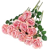 ATFL 12 Pcs Fake Pink Silk Roses Flowers Bulk,Flower Head Diameter 4'',Artificial Faux Roses with Stems for Wedding Arrangement Centerpieces Party Home Table Decorations,Flores Artificiales(Pink)