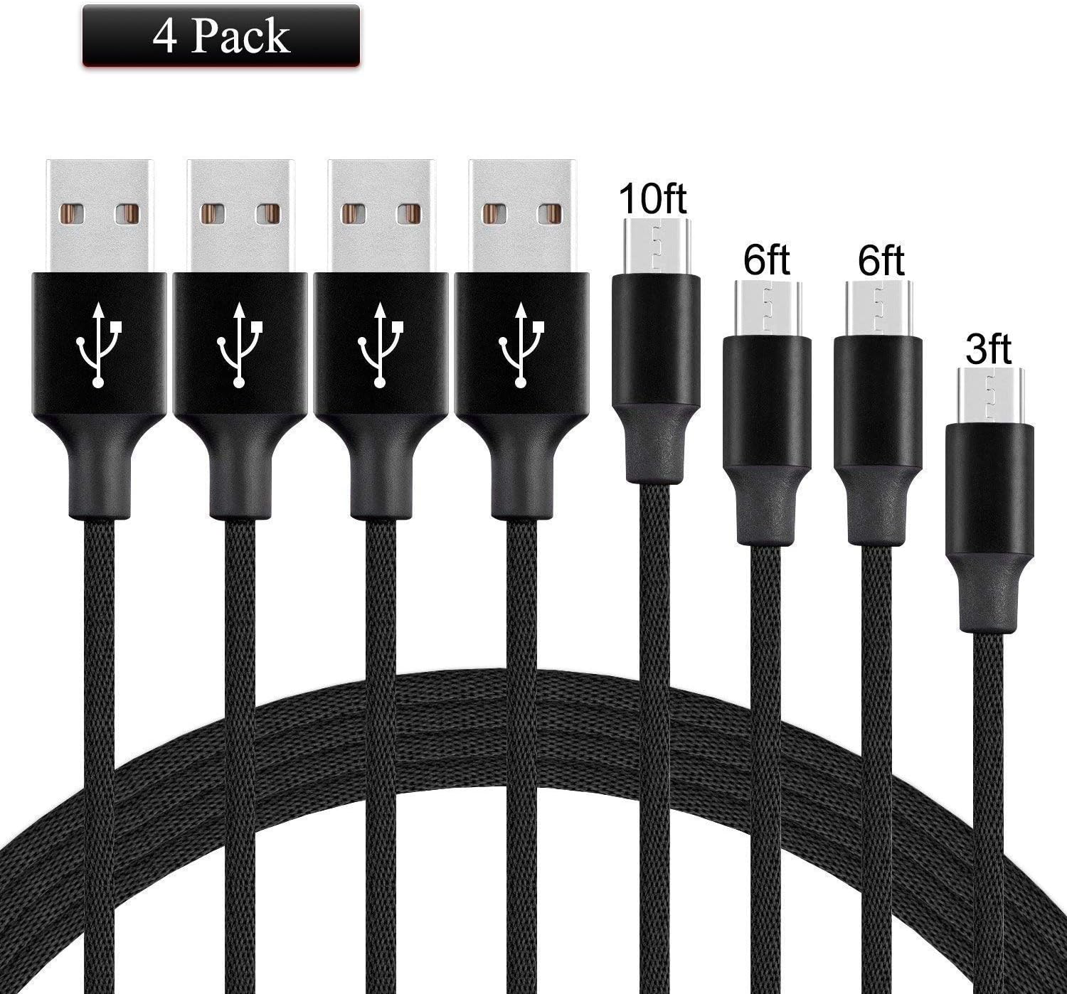 HWTONG Phone Cable 4Pack 3FT 6FT 6FT 10FT Charger Syncing Cord & Nylon Braided USB Charging Compatible Phone Charger X/8/8 Plus/7/7 Plus/6s/6s Plus/Black