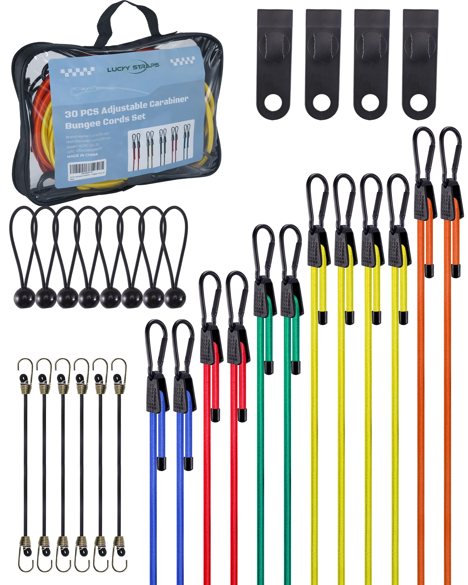Photo 1 of 30 Pcs Adjustable Carabiner Bungee Cords Assorted Sizes, Includes 18'' 24'' 36'' 48'' 60" Bungee Straps with Hooks, 10" Mini Bungee Cord, 6" Ball Bungees and Tarp Clips, Great for Cargo, Bike, Cart