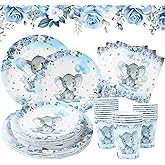 Boy Elephant Baby Shower Decorations Plates - Blue Elephant Plates Disposable Cups,Napkin with Blue flowers for 24 Elephant Theme Party Supplies,Baby Shower Wedding Birthday Party