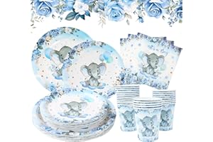 Boy Elephant Baby Shower Decorations Plates - Blue Elephant Plates Disposable Cups,Napkin with Blue Flowers for 24 Elephant T