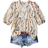 SweatyRocks Women's Plus Size Boho Floral Print Blouse V Neck Puff Sleeve Ruffled Peplum Tops