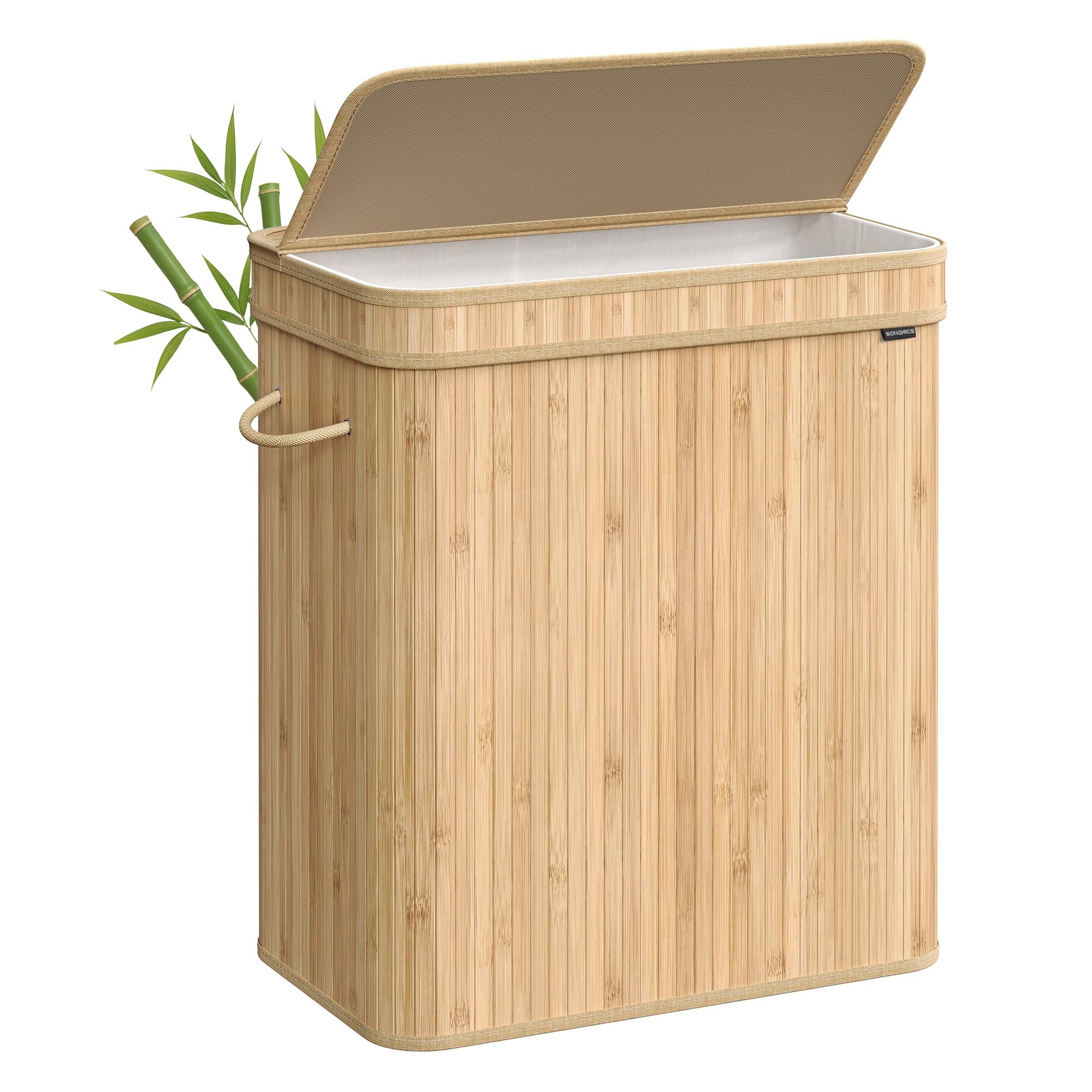 SONGMICS Wäschekorb mit Deckel, Wäschesammler Bambus, Wäschesack herausnehmbar und maschinenwaschbar, mit Griffen, 100 Liter, für Waschküche, Schlafzimmer, Wohnzimmer, naturbeige LCB063N01