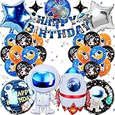 Space Theme Birthday Party Decorations Set, 30 Pieces with Astronaut Balloons, Rocket Ship, Banner, Star Foil Balloons