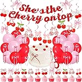 Scawim Cherry Birthday Decorations, Glitter She's The Cherry On Top Banner Hanging Swirls Balloons Cupcake Topper Baby Shower Girls Supplies for Adult Women Birthday Wedding Bridal Shower