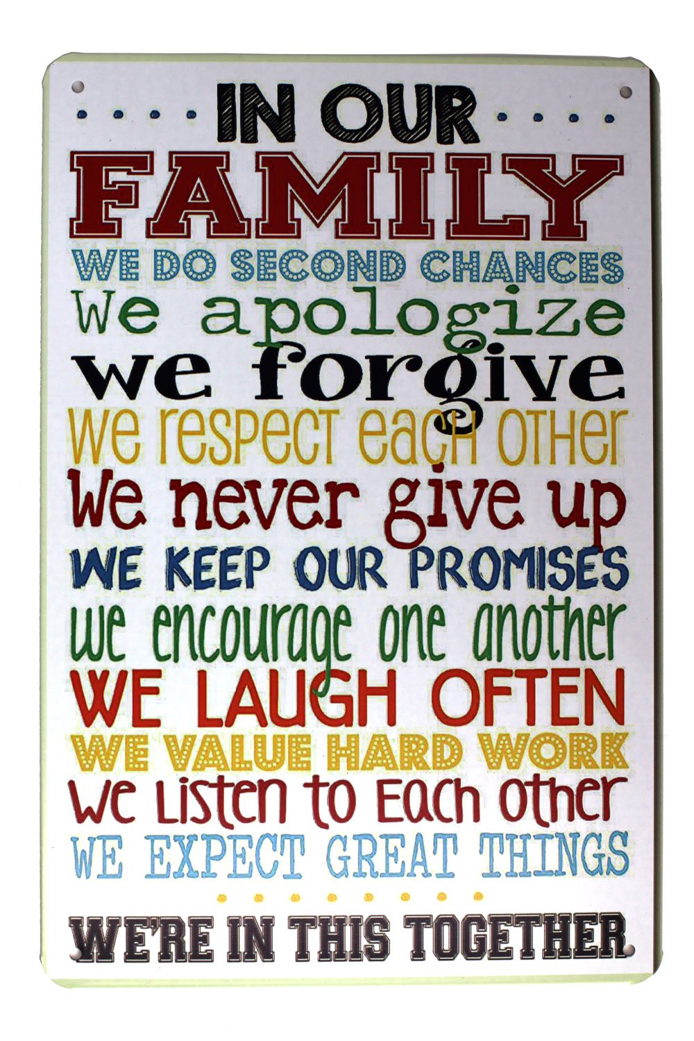 Hioni In Our Family We Forgive Never Give Up Laugh Often, Metal Tin Sign, Vintage Plaque Wall Decor