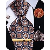 YourTies Silk Paisley Floral Tie and Pocket Square Cufflinks with Lapel Pin Sets for Men 5PC Wedding Party