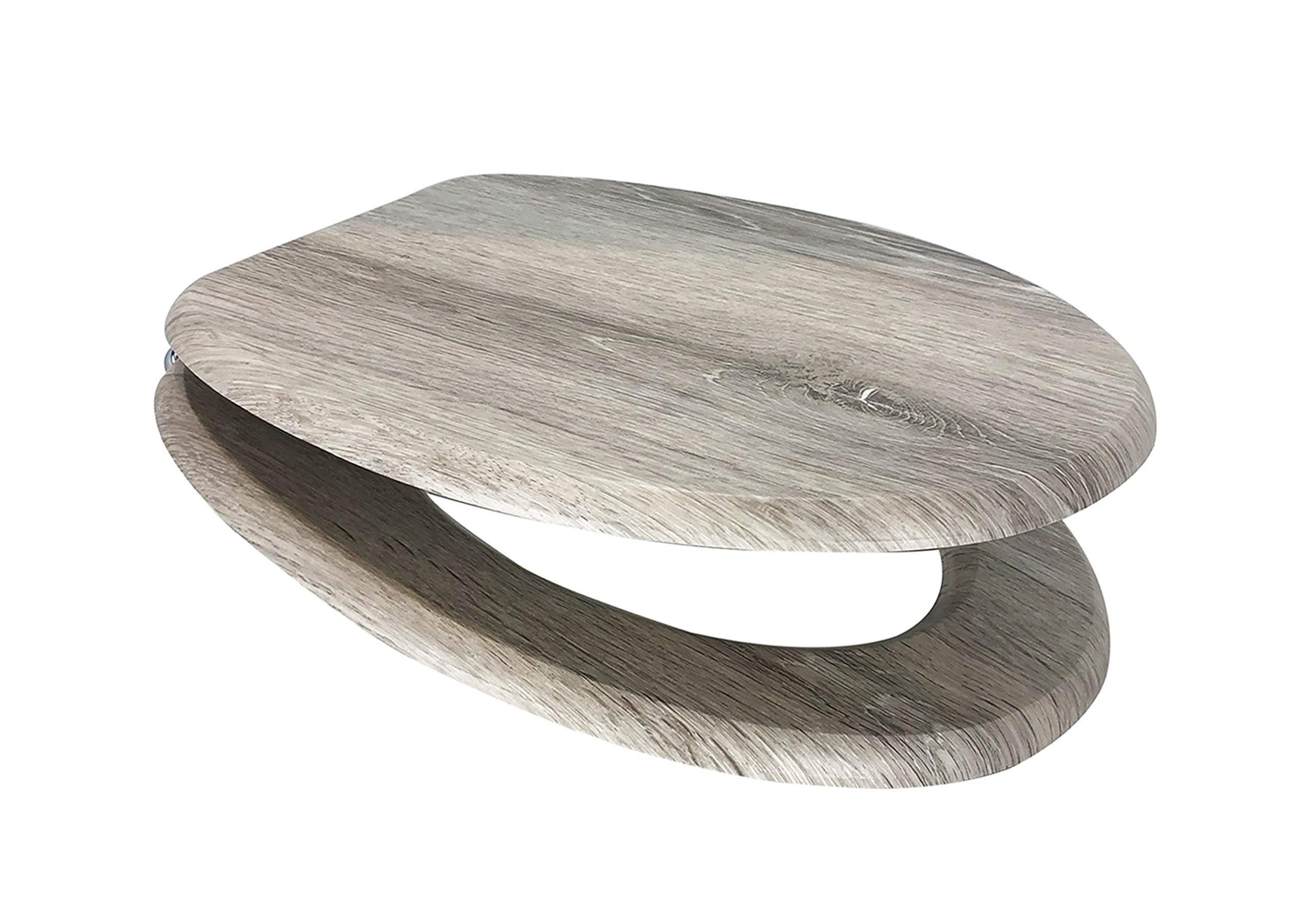 Euroshowers MDF Wood Veneer Wooden Design Toilet Seat with Chrome Bar Hinge (Grey Oak)
