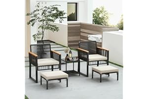 YEEFY 5 Piece Outdoor Patio Furniture Set with Table & Ottoman - Set of 2 Wicker Patio Chairs for Porch, Balcony, Backyard, Pool Deck
