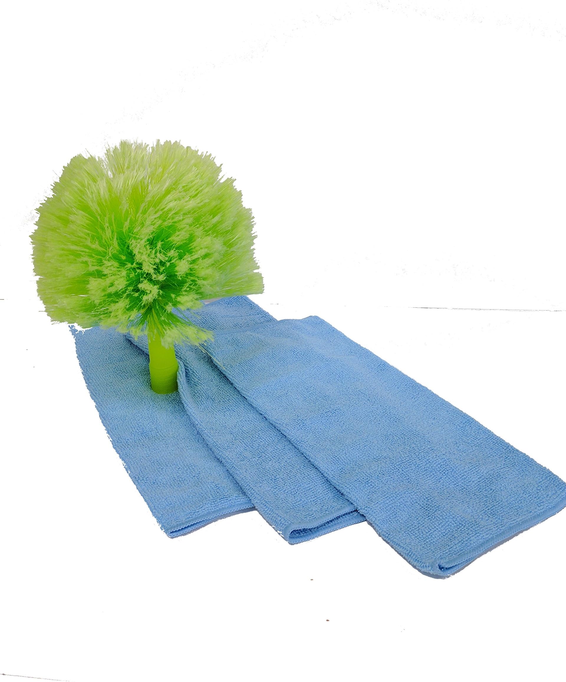 Unger Total Reach Cobweb Duster Brush And 3 Microfiber Cleaning Cloth Bundle
