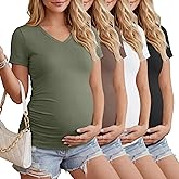 Huukeay 4 Pack Women's Maternity Shirts, V Neck Maternity Top Short Sleeve Casual Tee Side Ruched Pregnancy Clothes
