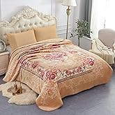 JML Fleece Blanket King Size, Korean Style Thick Raschel Bed Blanket 85 X 95 Inches- 9 Lbs, Single Ply, Soft and Warm, Floral Printing with Luxury Embossing Pattern for Fall,Winter (Khaki Floral)