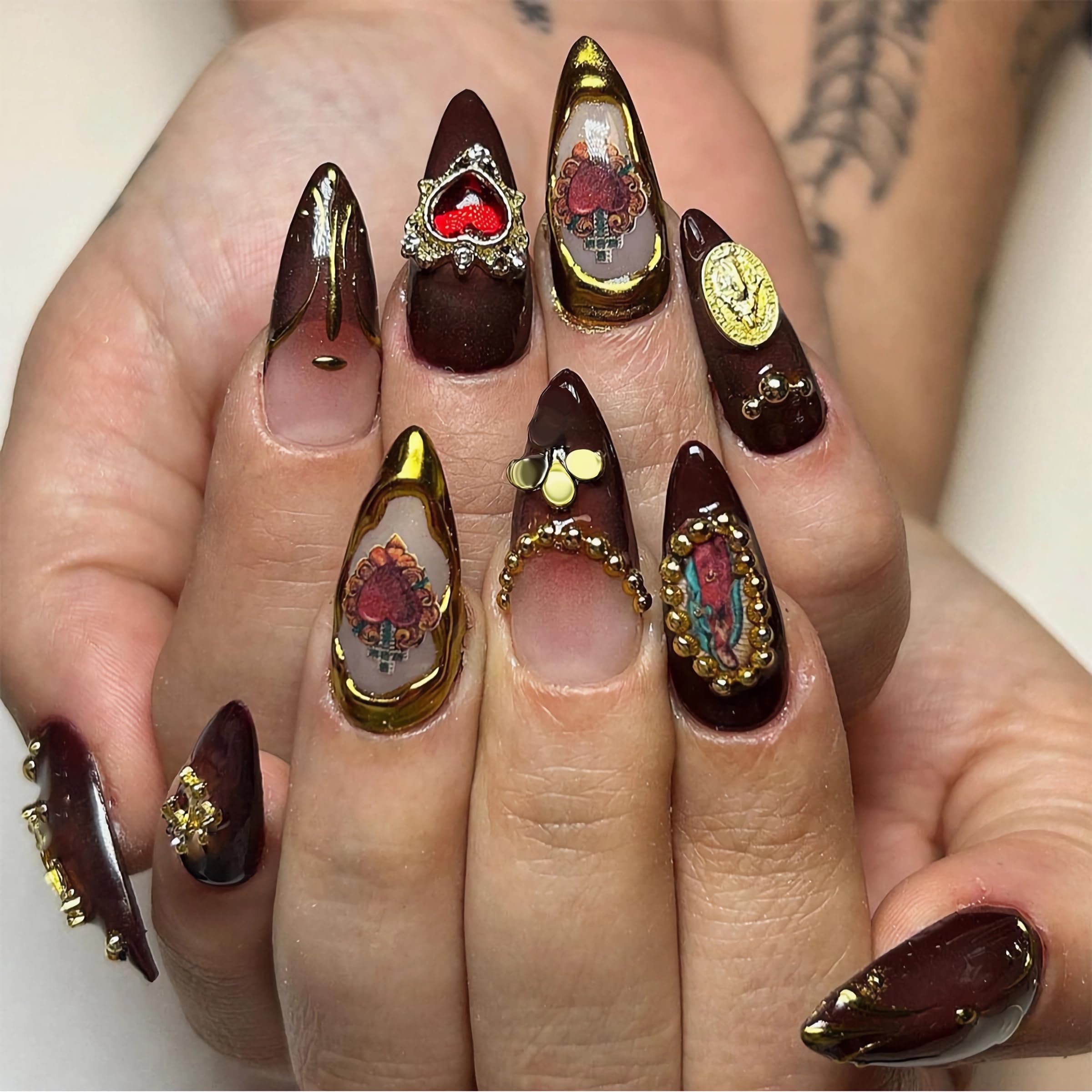 BABALAL Almond Press on Nails Medium Fake Nails Brown Fall Glue on Nails Golden Chrome Baroque Art Acrylic Nails 3d Heart Charm Metallic Ball Design Stiletto Manicure Stick on False Nails