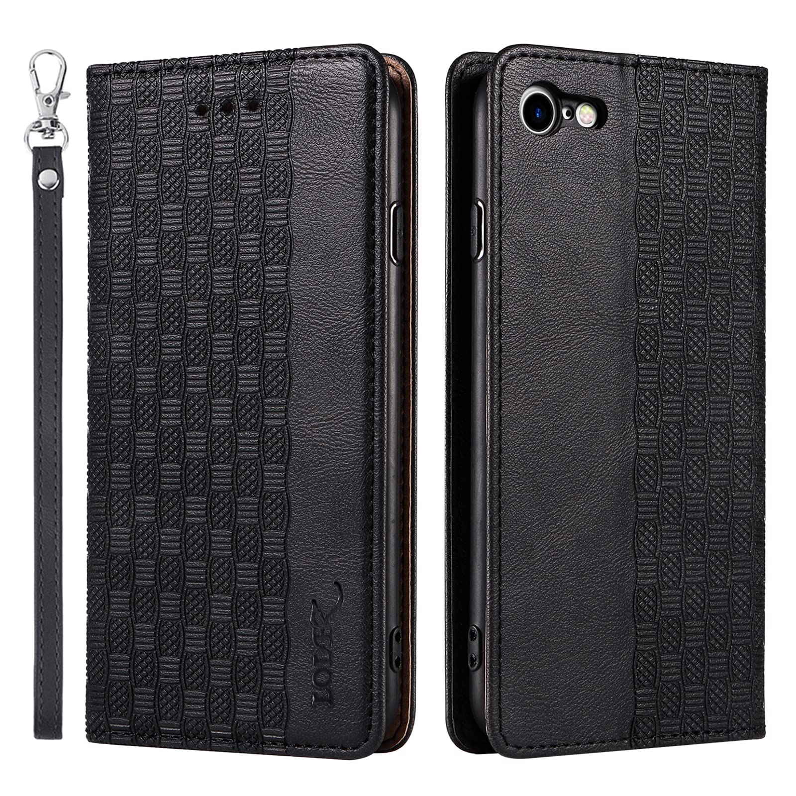 LOLFZ Case for iPhone 6 iPhone 6S, Leather Flip Wallet Case Card Slots Kickstand Wrist Strap Protective Magnetic Phone Case Cover for Apple iPhone 6 / iPhone 6S - Black