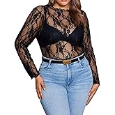 WDIRARA Women's Plus Size Floral Lace Sheer Mesh Round Neck Long Sleeve See Through Sexy Top