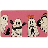 Baccessor Halloween Pink Ghost Doormat Cute Ghost Bat Cat Halloween Boo Decorative Front Door Mat Non-Slip Rubber Backing Seasonal Entrance Floor Decoration 17 x 29 Inch