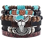 JFJXLM 6Pcs Turquoise Western Bracelets for Women Men Boho Leather Stackable Bracelet Multilayer Wood Beads Adjustable Bracelets Cow Head Charm Vintage Country Cowboy Jewelry Christmas Birthday Gifts