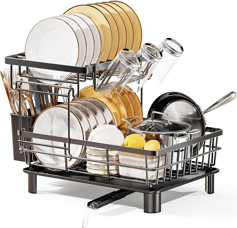LIONONLY 2 Tier Dish Drainer Rack with Swivel Drainage Spout