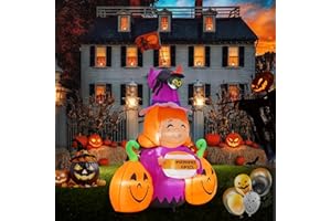Infleasjoiy 5ft Witch Pumpkin Halloween Inflatable Outdoor Decoration, Courtyard Decoration with LED Lights, for Outdoor Lawn, Garden, Family Vacation Party