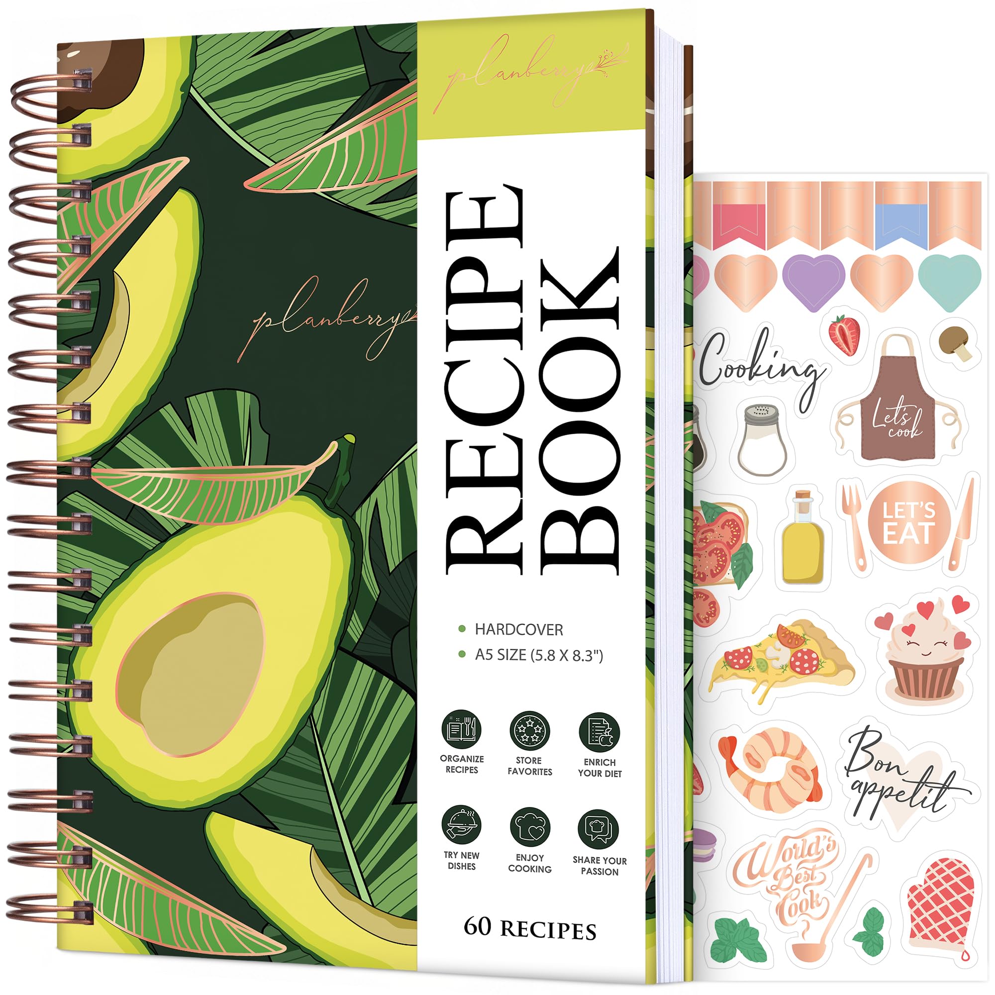 PLANBERRY Recipe Book – Blank Hardcover Cookbook to Write in Your Own Recipes – Empty Cook Book Journal to Fill in – Blank Family Recipe Notebook – 60 Recipes, 14x21cm (Avocado Green)