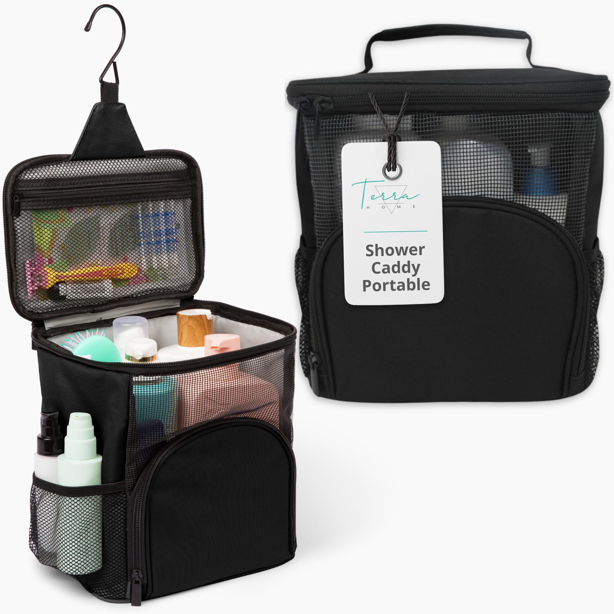 TERRA HOME - Wash Bags for Men, Hanging Shower Caddy - Large Capacity, Quick Dry and Water Resistant with Metal Hook(Black)