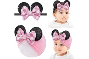 choicbaby Baby Girl Headbands Mouse Ears Headwrap with Sequin Polka Dot Bow Soft Stretchy Nylon Hair Bands for Newborn Infant Baby Toddler Girls- Pack of 2