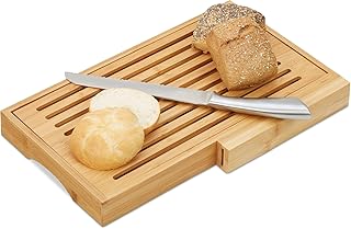 Relaxdays Brotschneidebrett, praktisches Brotbrett mit Messer aus Edelstahl, Krümelrost, Bambus, HBT