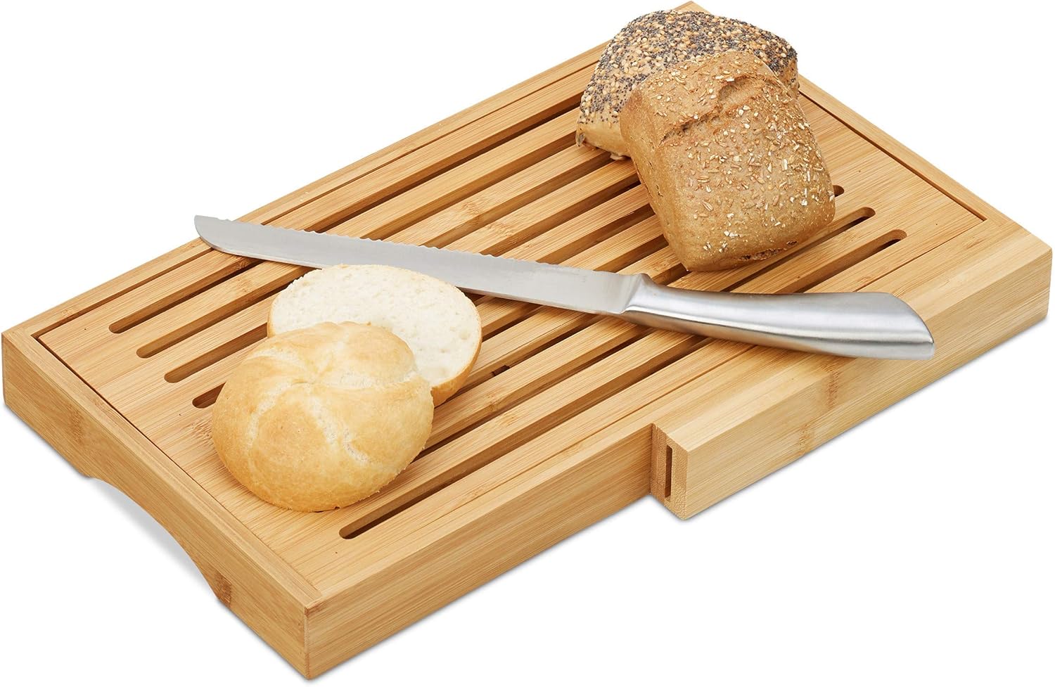 Relaxdays Brotschneidebrett, praktisches Brotbrett mit Messer aus Edelstahl, Krümelrost, Bambus, HBT