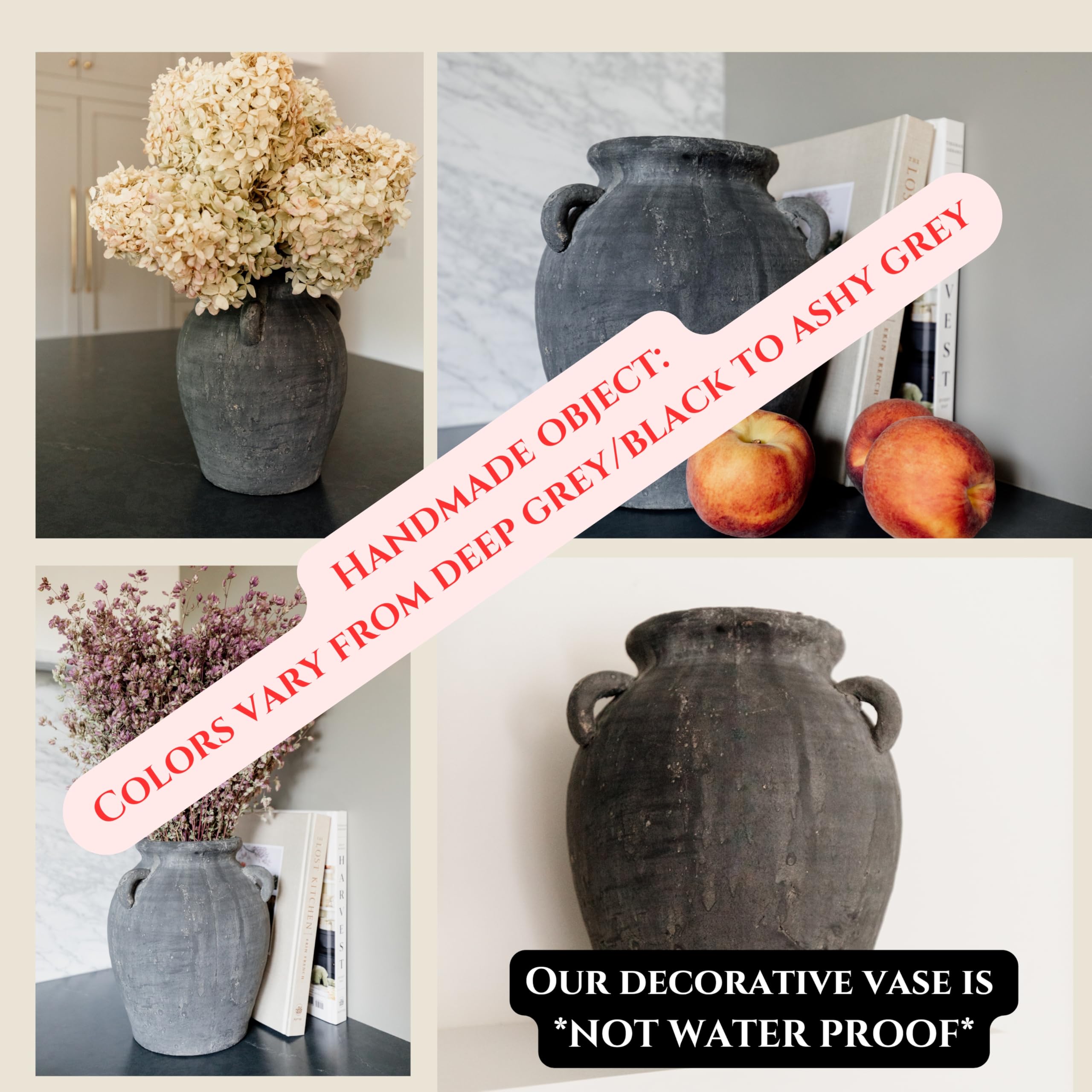 Mulberry Lane Co. Handmade Black Vase - 9.5'' Tall Terracotta Vase, Vintage vase, Black Ceramic vase, Rustic Antique Decor with 3 Ear Design, Wide Mouth, Non-Slip Bottom, Matte Finish for Home Decor - Image 2