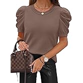 SAMPEEL Short Puff Sleeve Sweaters for Women Knit Tops 2026 Trendy Crewneck Striped T Shirts Casual Summer Blouses