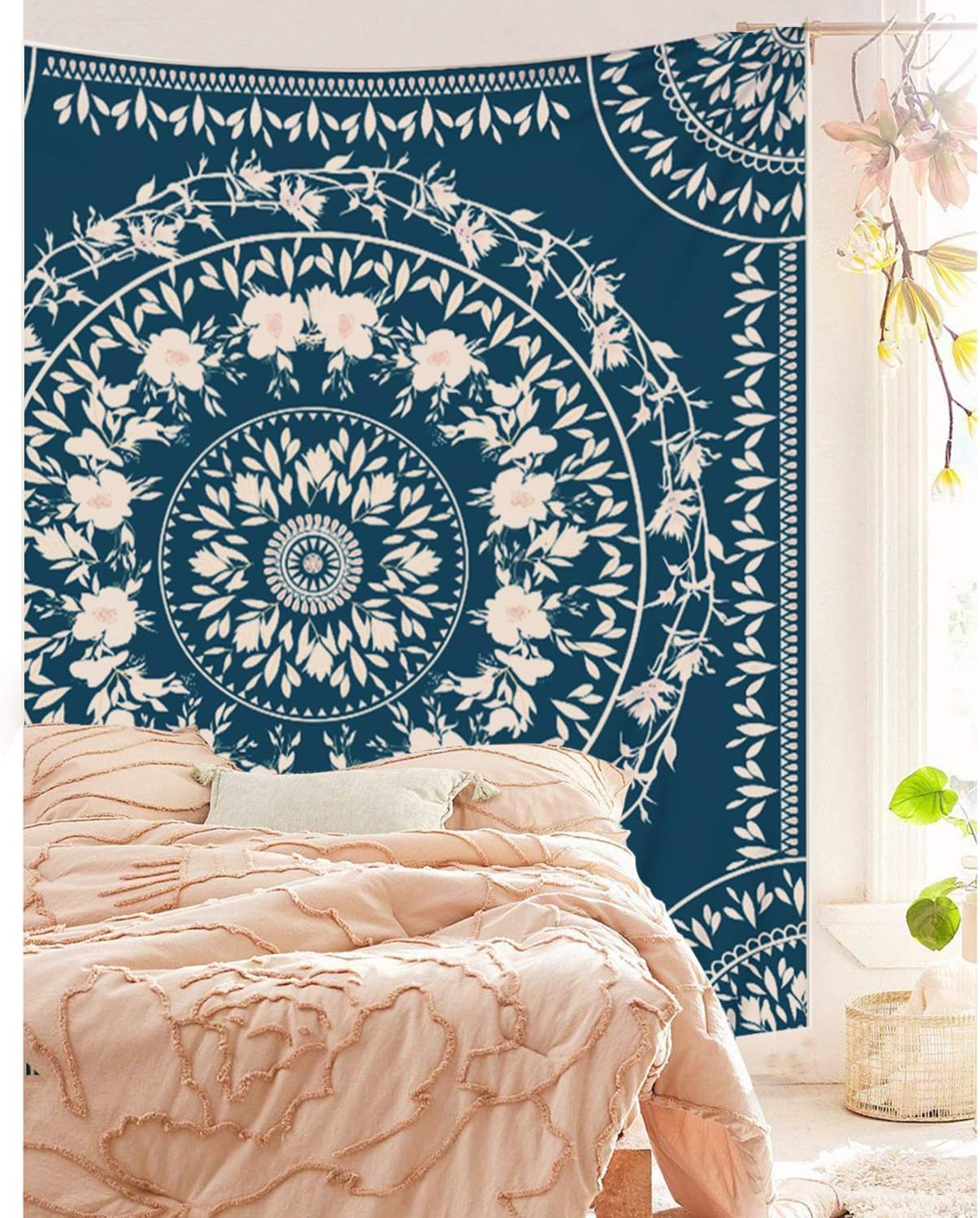 Simpkeely Blue Sketched Floral Medallion Tapestry, Bohemian Mandala Wall Hanging Tapestries, Indian Art Print Mural for Bedroom Living Room Dorm Home Décor 59.1 x 80 Inches（Royal Blue）