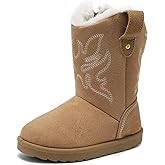 Nedaan Girls Boots Fur Lined Kids Suede Cowgirl Boots Winter Warm Fuzzy Cowboy Boots Non-Slip Sole Mid Calf Snow Boots