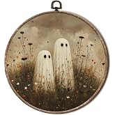 EGVQK Vintage Halloween Ghost Round Wall Art, Moody Wildflower Spooky Ghost Framed Canvas Prints Wall Art, Halloween Round Canvas Hanging Walls Decor for Home Bedroom Living Room Decorations, 10x10in