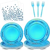 QOUBAI 100pcs Iridescent Blue Plates and Napkins Party Supplies Iridescent Disposable Paper Plates Bule Party Decorations Holographic Tableware Set Party Decorations for Wedding Birthday Serves 25