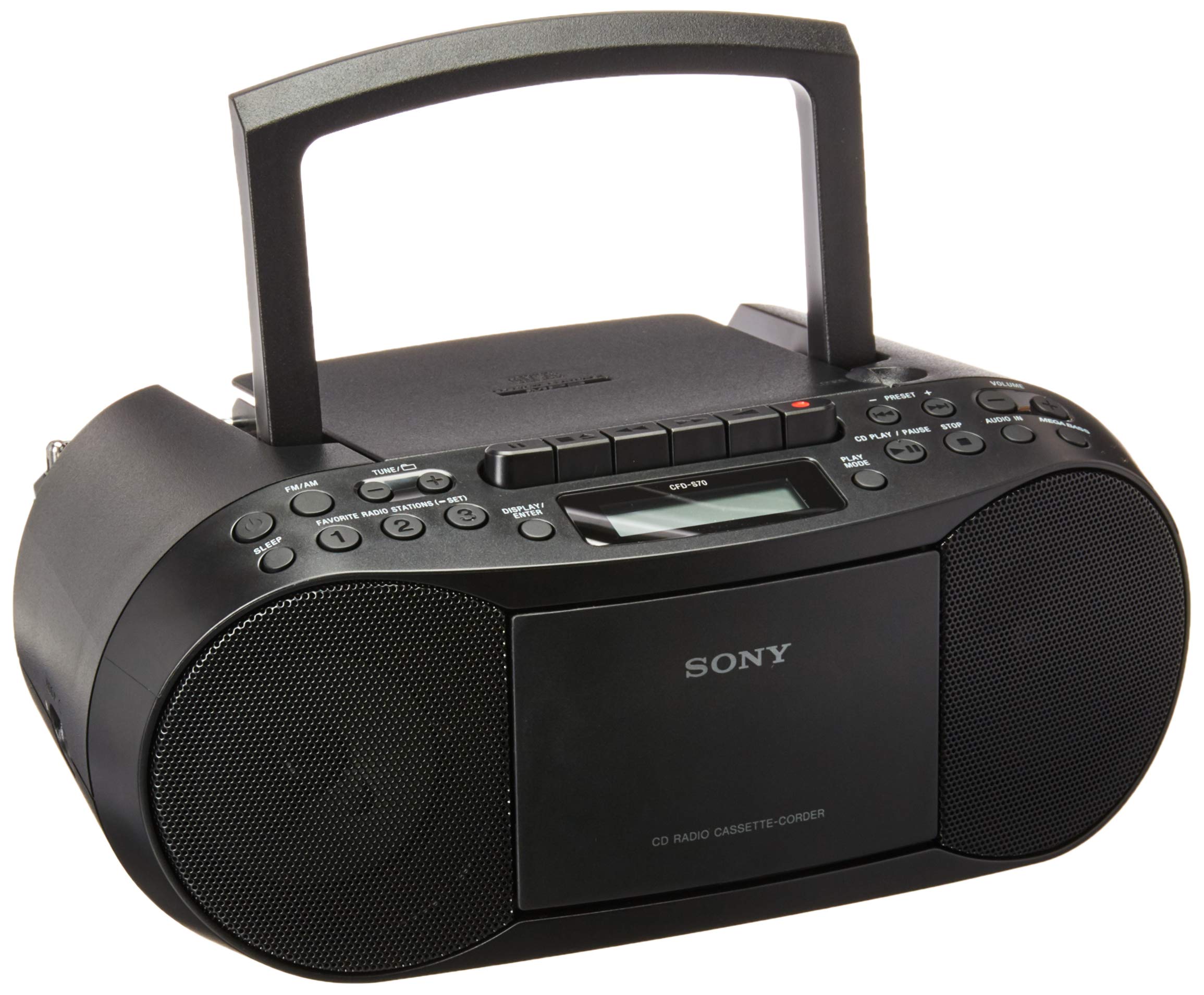 Sony CFDS70-BLK CD/MP3 Cassette Boombox Home Audio Radio, Black, with Aux Cable