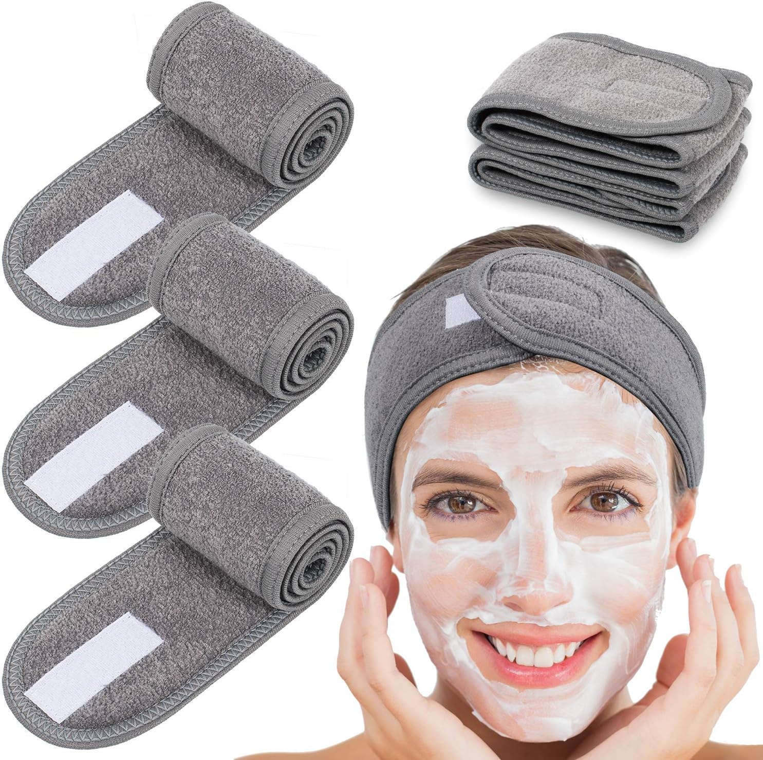 Whaline 4 Counts Spa Facial Headband Head Wrap Terry Cloth Headband Stretch Towel for Bath Makeup and Sport (Gray)