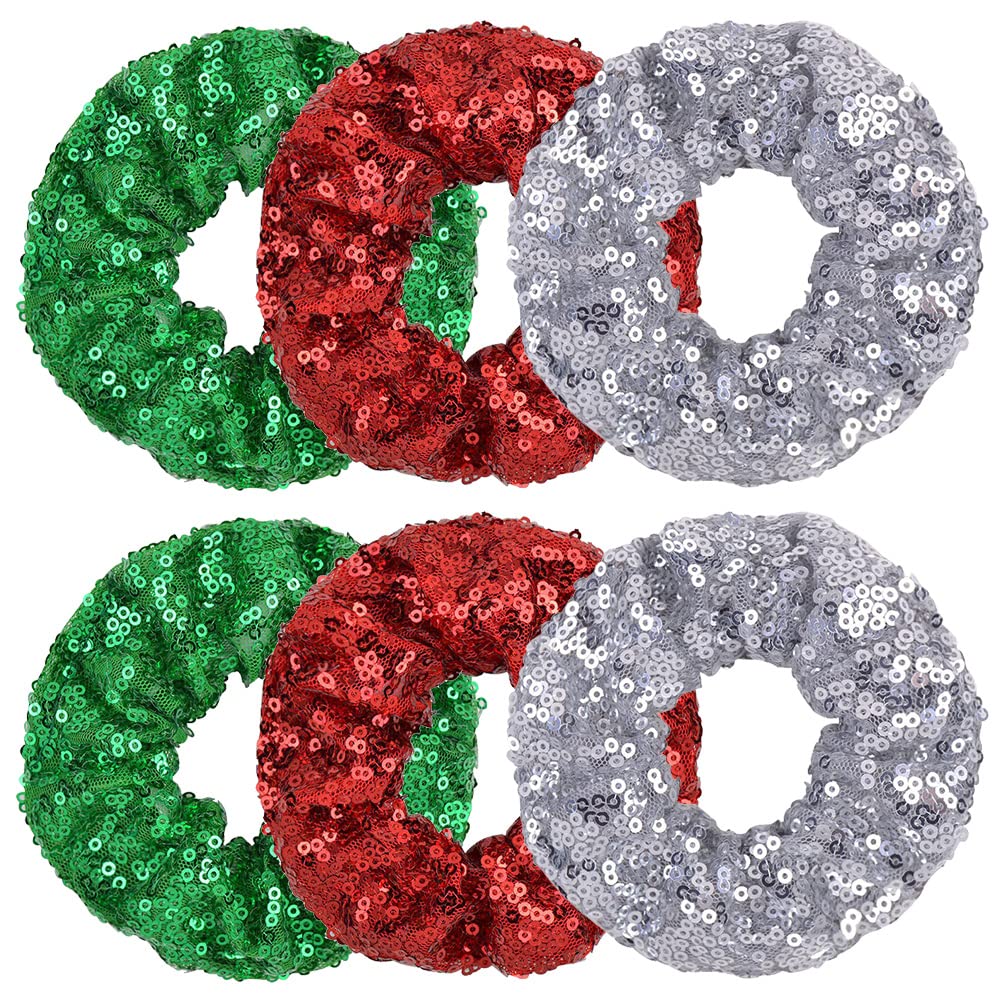 6 Pcs Sequin Scrunchies Glitter Hair Ropes Ponytail Holders Xmas Sequins Hair Scrunchies Elastic Ponytail Scrunchies for Women Girls Hair Accessories (Red Green Silver)