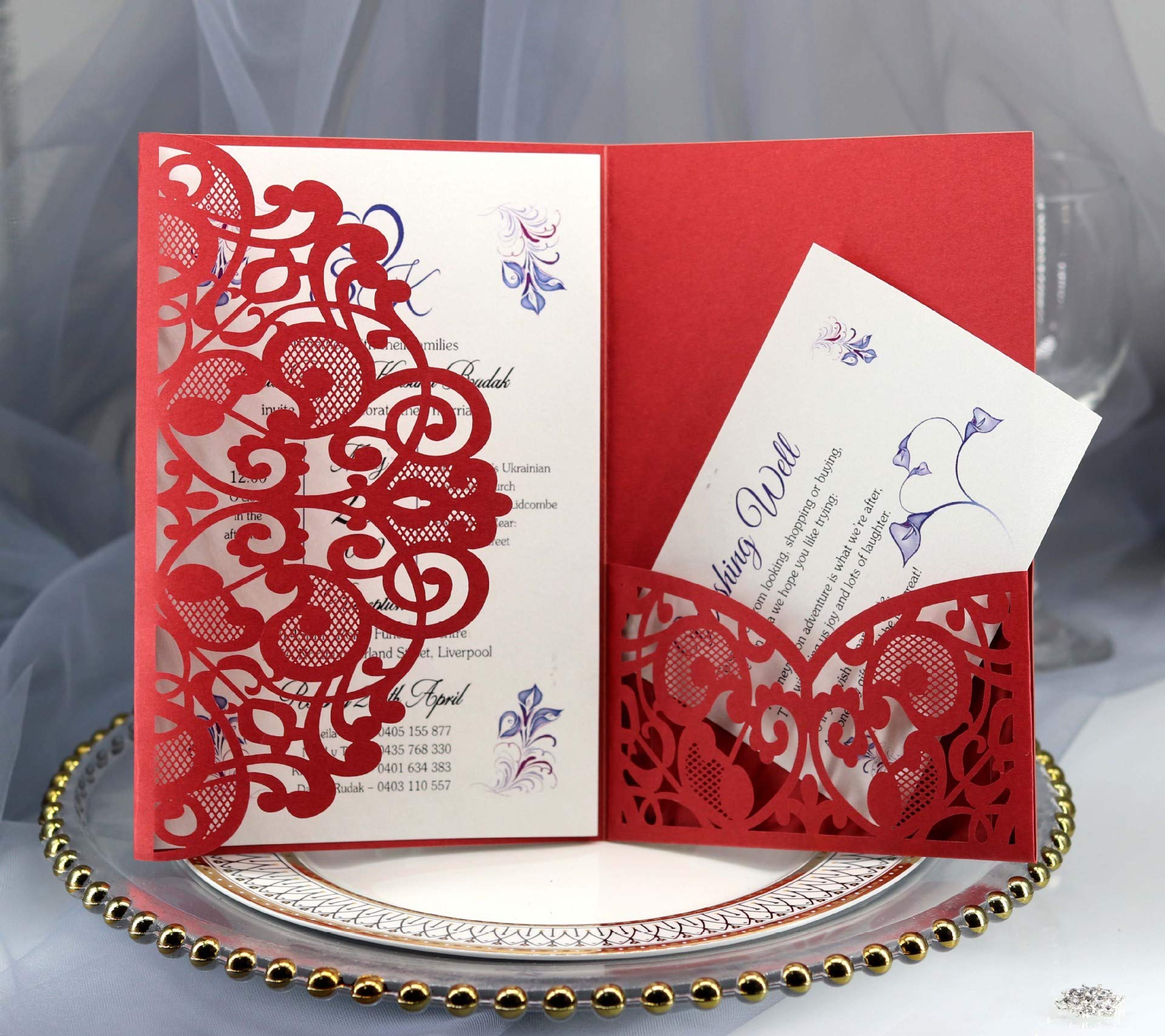 BLUGUL 10pcs Wedding Invitations, Hollow Floral Design Invites, with 2 Blank Card, Red