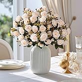 Artificial Rose Flowers for Outdoor 4 Bundles Rose Bouquet with Daisy Faux Flowers UV Resistant for Home Indoor Outside Garden Porch Window Box Balcony Yard Porch Fall Decor (White)
