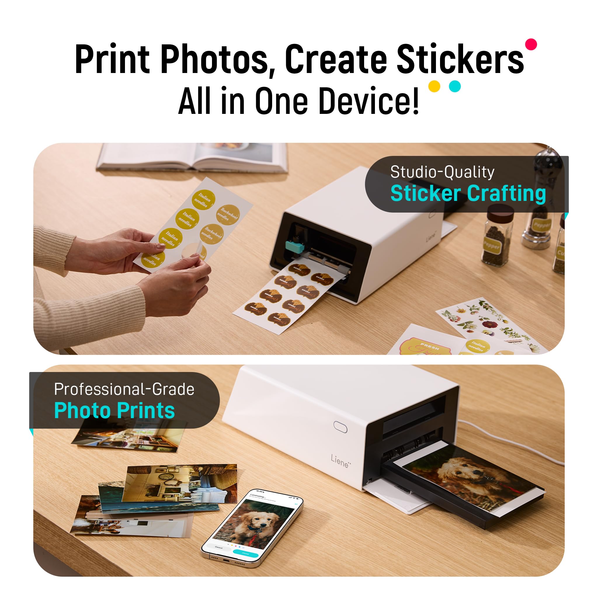 Liene PixCut S1 Color Sticker Printer & Cutting Machine - All-in-One Sticker Maker for DIY Crafts, Custom Labels & Gifts. Thermal Dye-Sublimation Photo Printer, 300 DPI, Precise AI Auto-Cutting