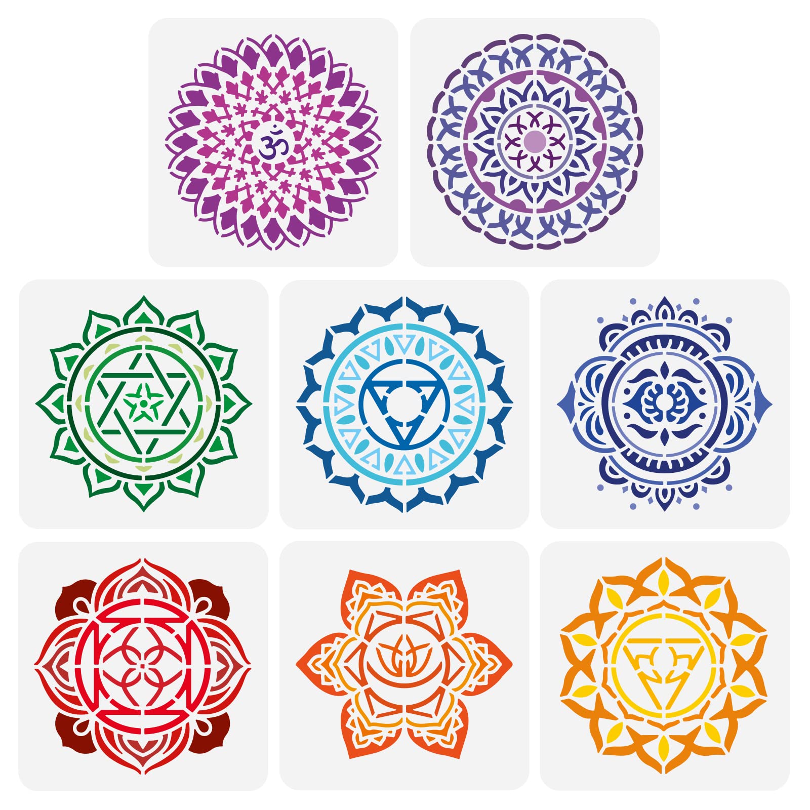 FINGERINSPIRE 8PCS Chakra Symbol Stencil 15x15cm Plastic PET Mandala Flower Stencil Reusable Yoga Meditation Floral Craft Template for DIY Scrapbook, Tiles, Fabric, Photo Album