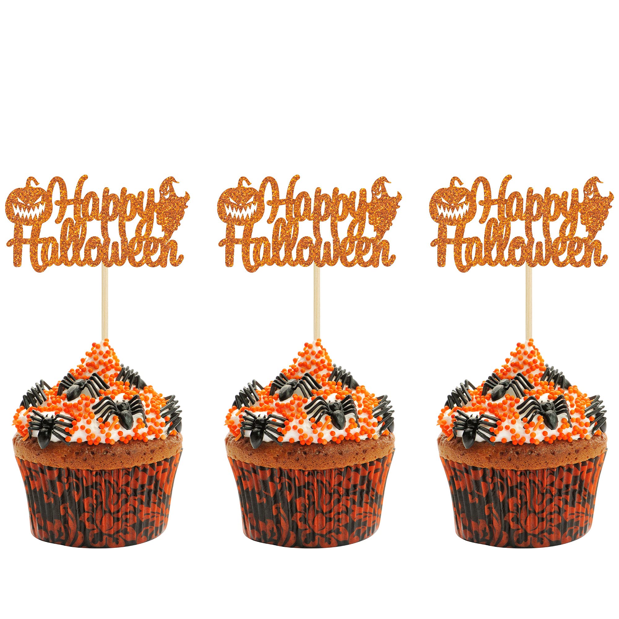 Gyufise 24 Pcs Orange Happy Halloween Cupcake Toppers with Pumpkin Ghost Cake Decorations for Kids' Birthday Party