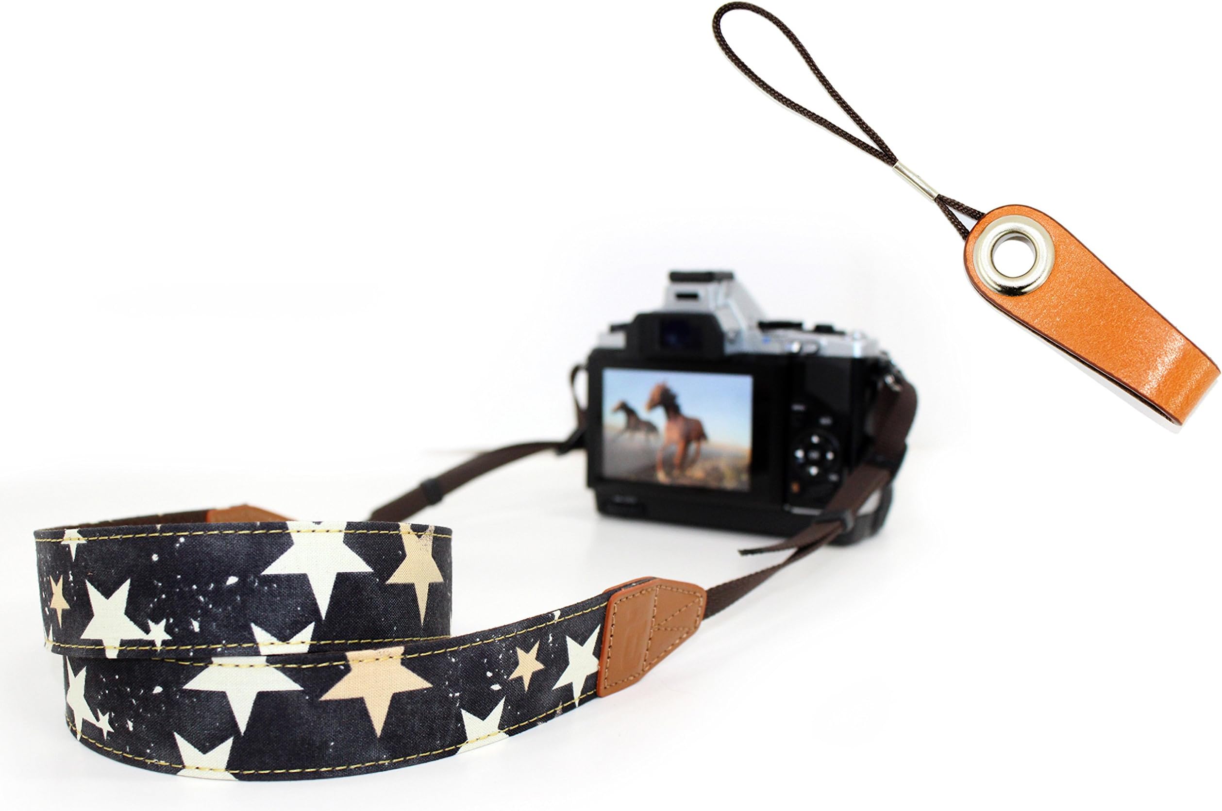 TOMA Fabric(Cotton 100%, with a Free Gift - Leather Finger Strap) Neck & Shoulder Strap for Camera(Black Star)