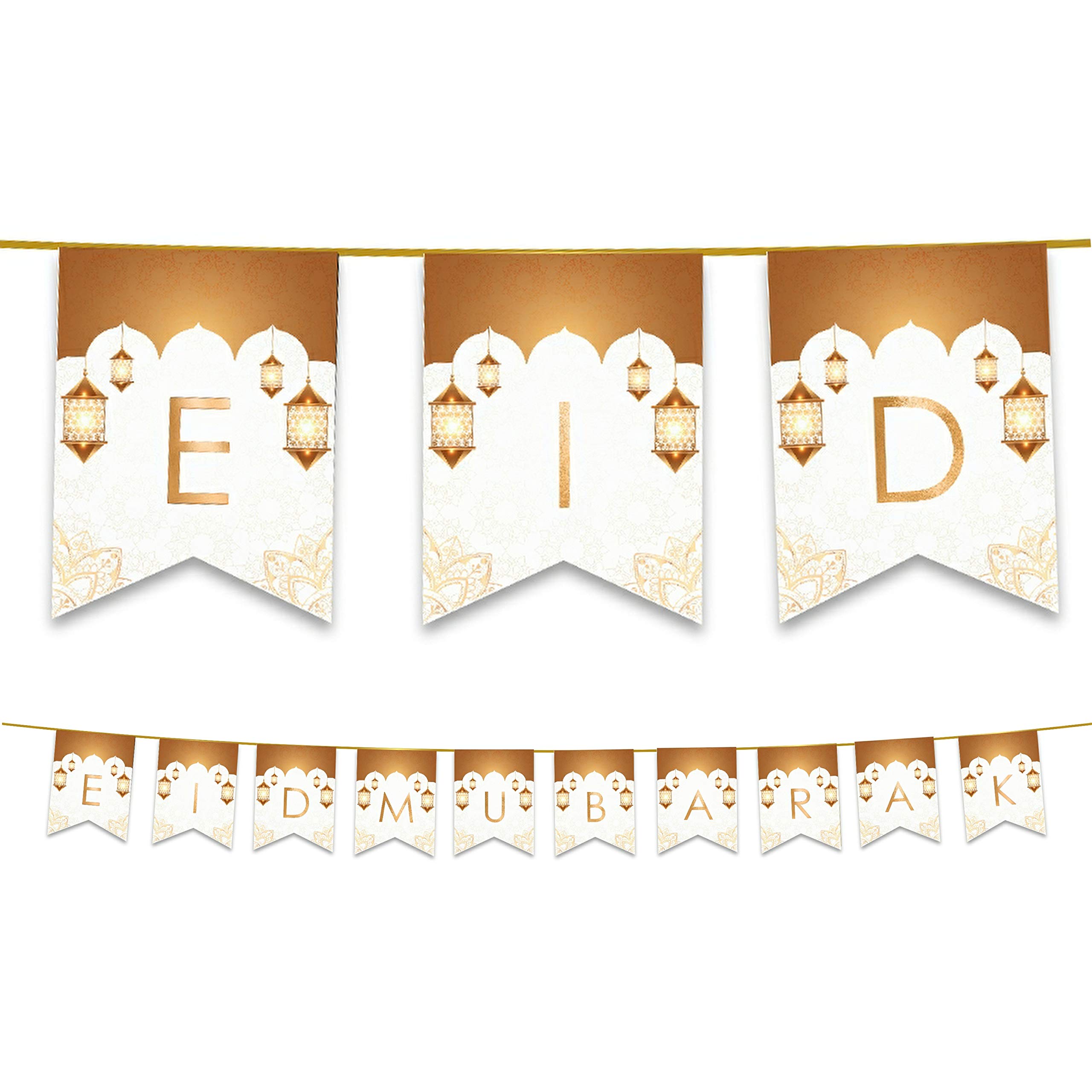 Eid Mubarak Bunting Party Flags - Happy Eid Decorations (10 Flags) (White & Gold Domes)