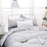 Wake In Cloud - Striped Comforter Set, 100% Cotton Fabric, Ticking Stripe Vertical Pinstripe Neutral Farmhouse Aesthetic, 3 Pieces Bedding Set, Gray, Full Size
