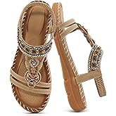 Aomigoct Sandals Women Flat Shoes: Dressy Summer Bohemian Flats Shoes for Women Sandals Comfortable Ankle Strap Outdoor Walking